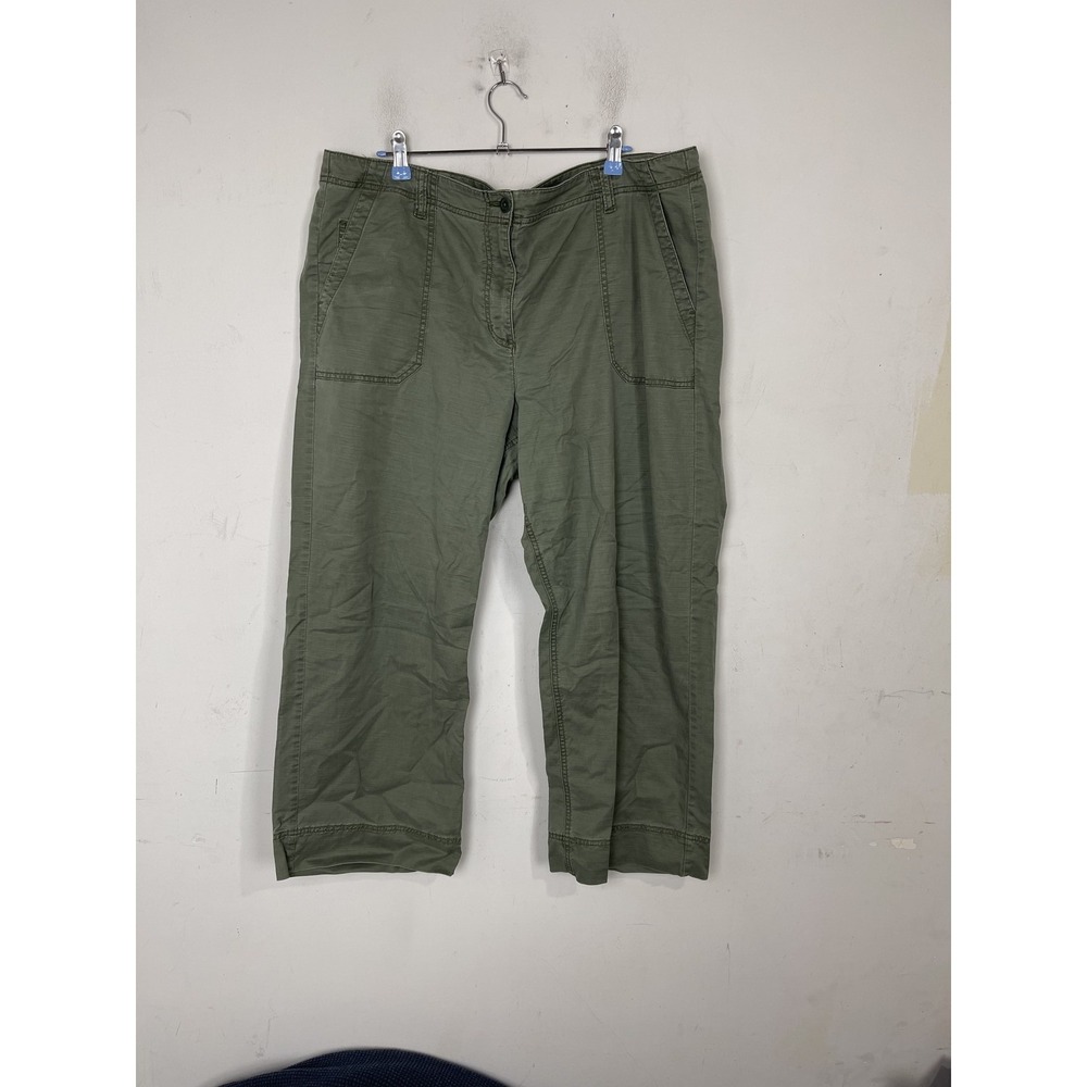 LL Bean Signature‎ Womens Pants 18 Green Utility Mid Rise Wide Leg Ankle Twill